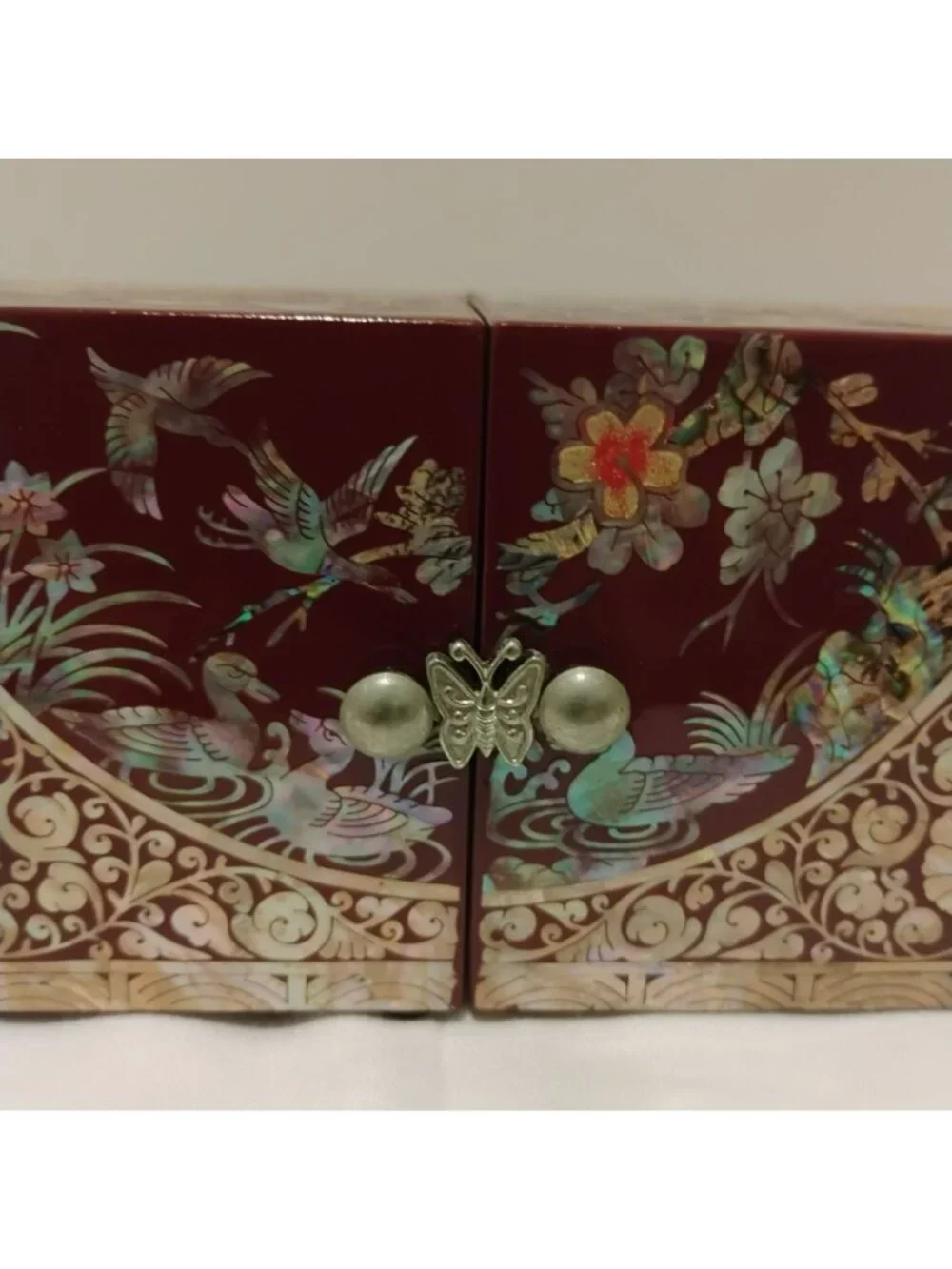 Vintage Korean Mother of Pearl Jewelry Box Red Lacquerware Folding 4 Drawer